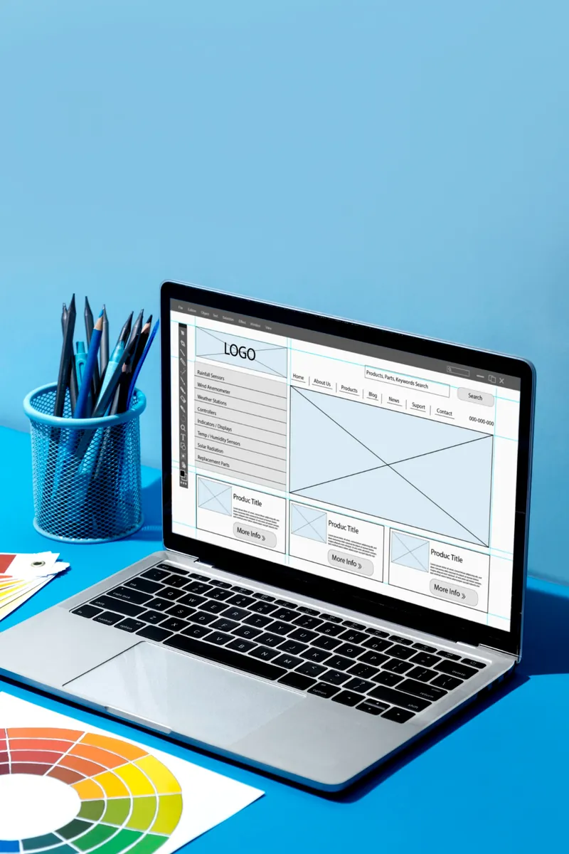 Notebook sobre a mesa de um estúdio de design exibindo o layout de um site institucional